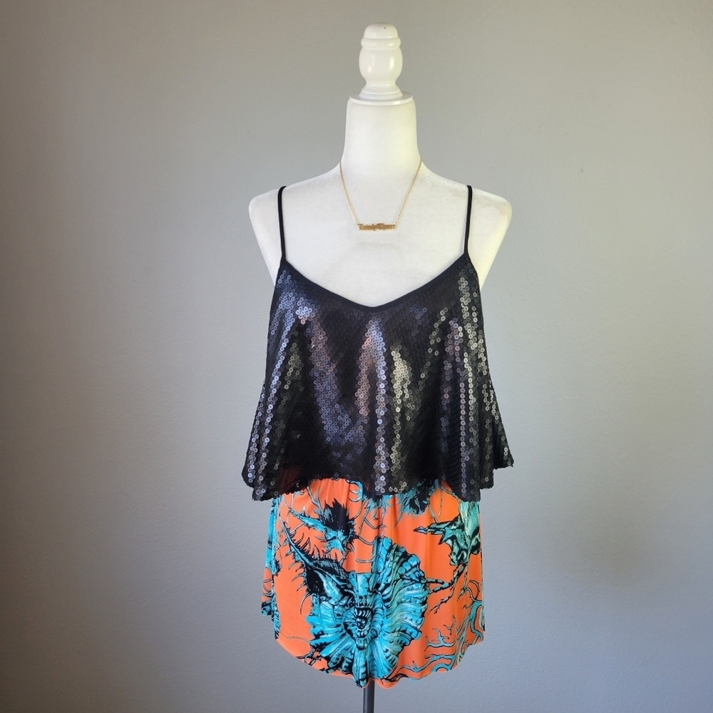 T-BAGS // black sequin swing tank adjust strap floral open back skirt mini dress